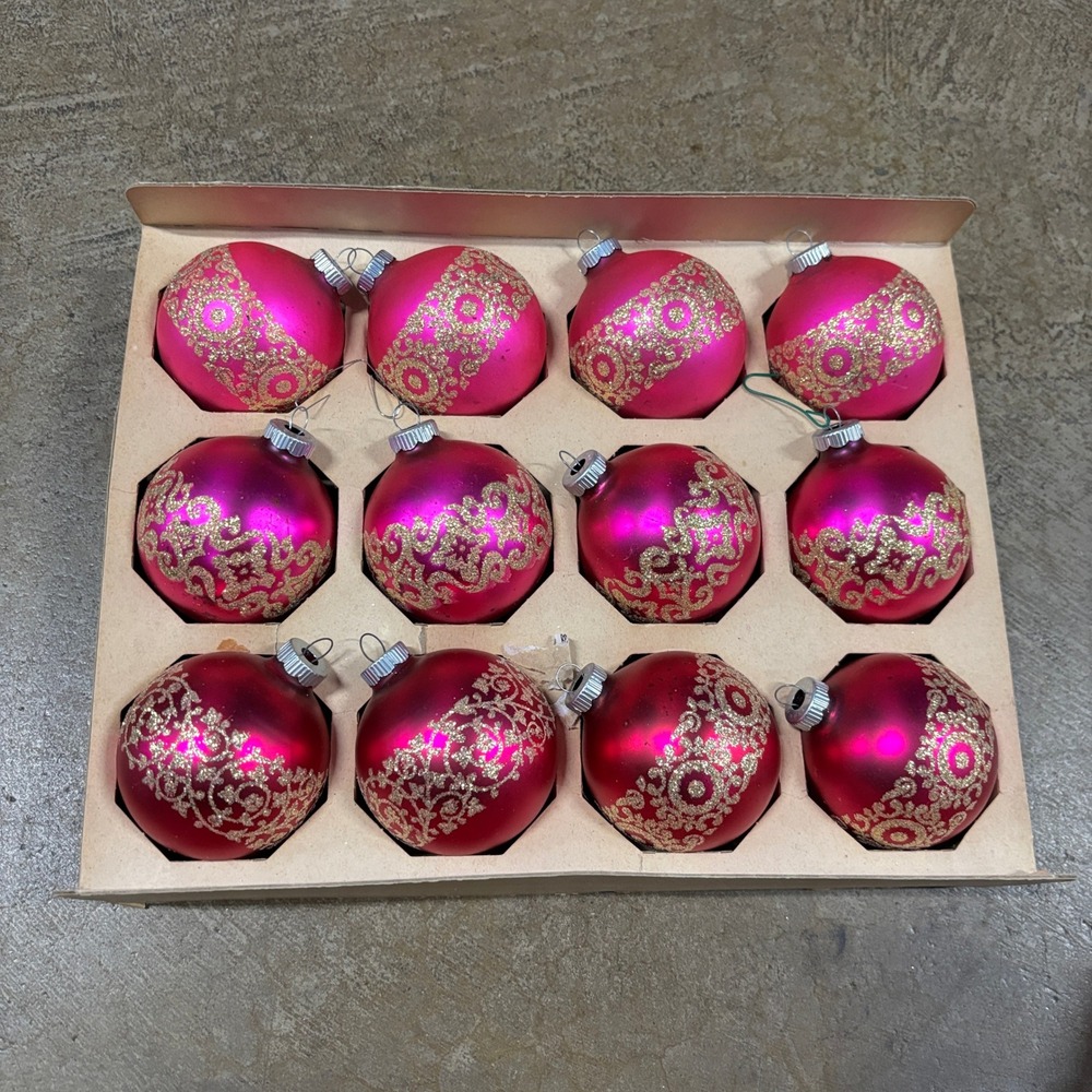 Shiny Brite Vintage Christmas Ornaments Fuchsia Pink Gold Glitter Stenciled 12ct - Picture 3 of 9